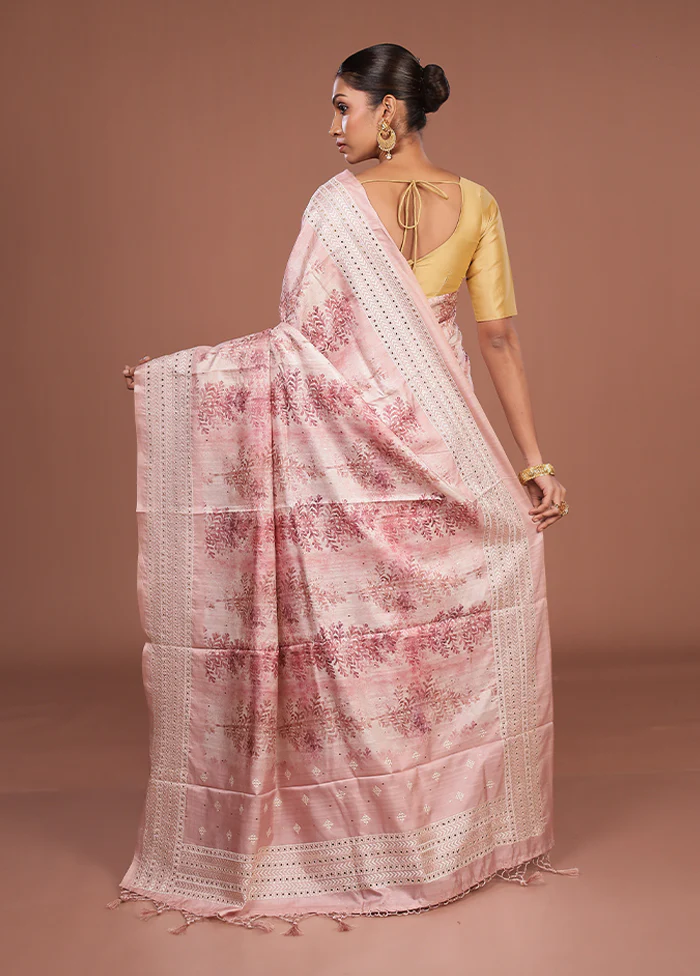 Pink Tussar Silk Saree With Blouse Piece - Image 3