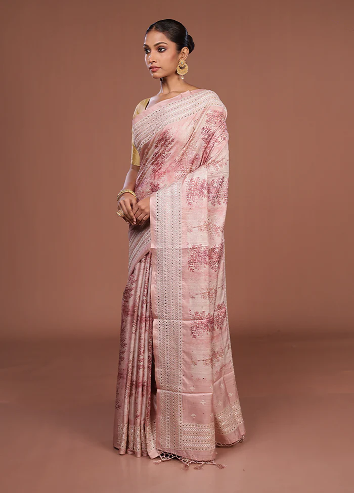 Pink Tussar Silk Saree With Blouse Piece - Image 4