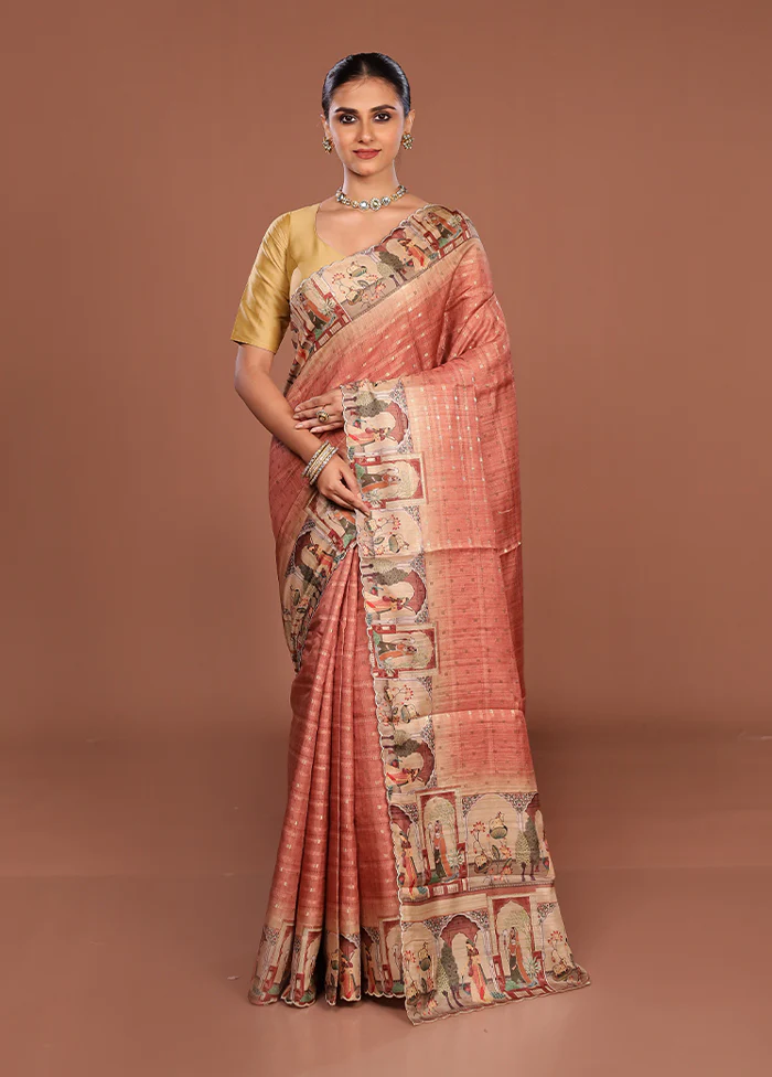 Pink Tussar Silk Saree With Blouse Piece - Image 2