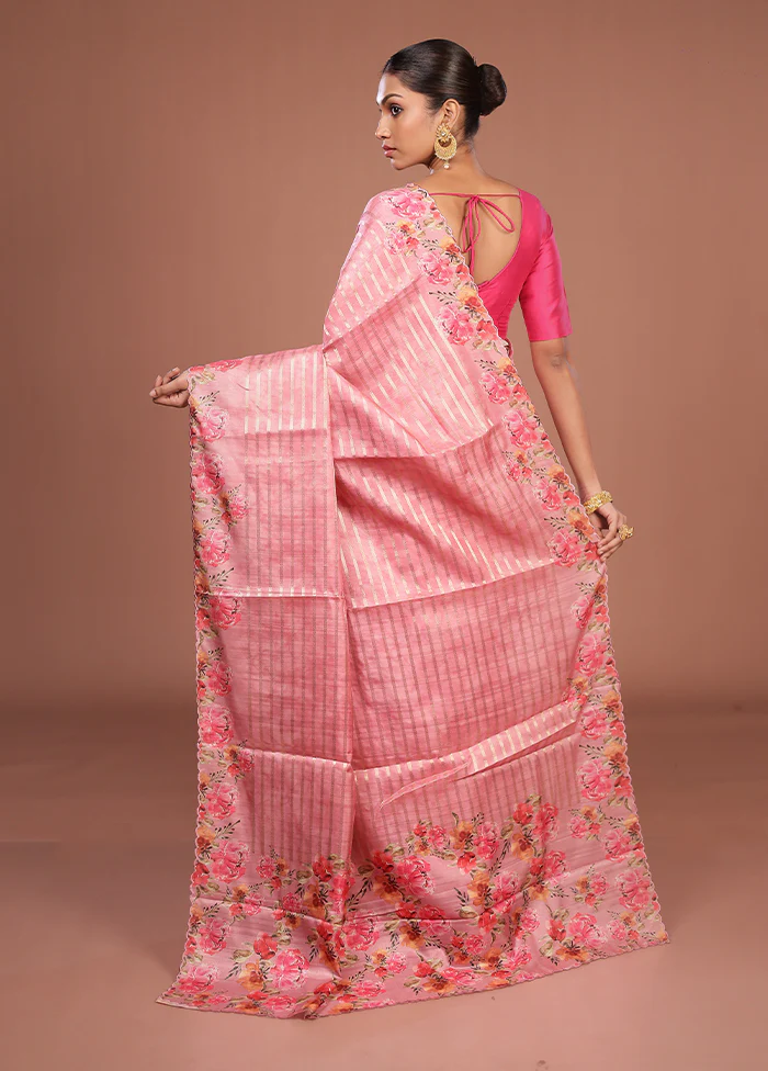 Pink Tussar Silk Saree With Blouse Piece - Image 3