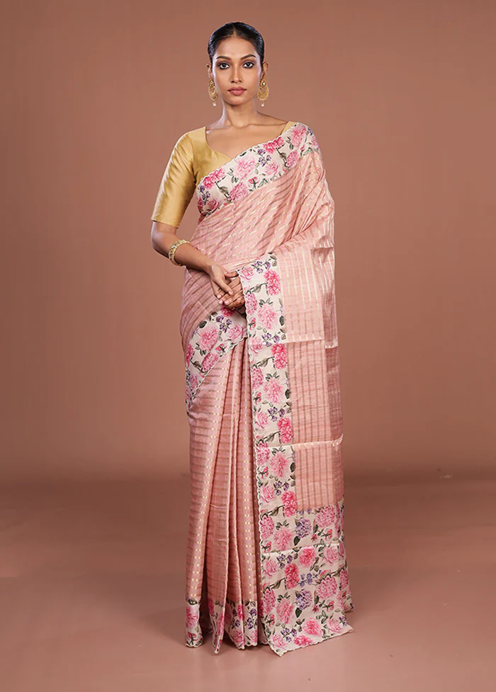 Pink Tussar Silk Saree With Blouse Piece - Image 2