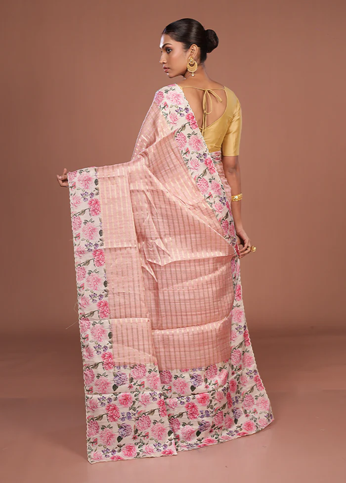 Pink Tussar Silk Saree With Blouse Piece - Image 3