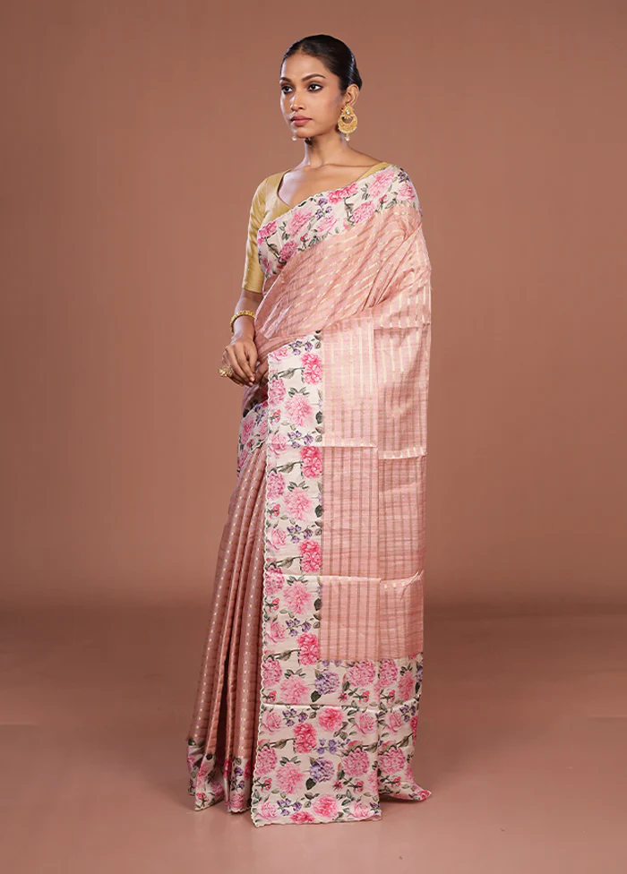 Pink Tussar Silk Saree With Blouse Piece - Image 4