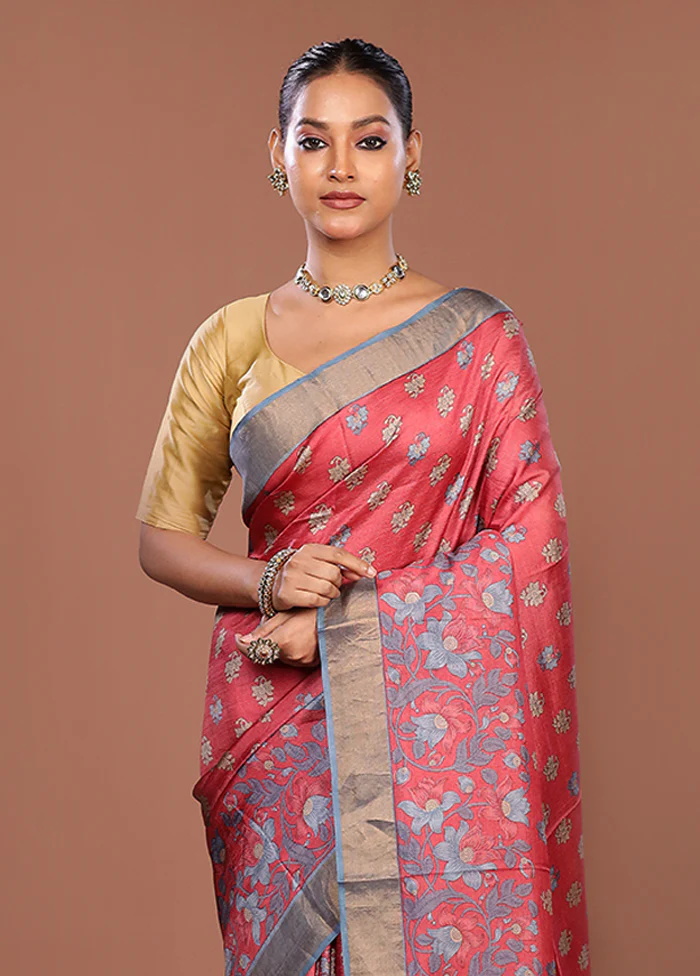Pink Tussar Silk Saree With Blouse Piece