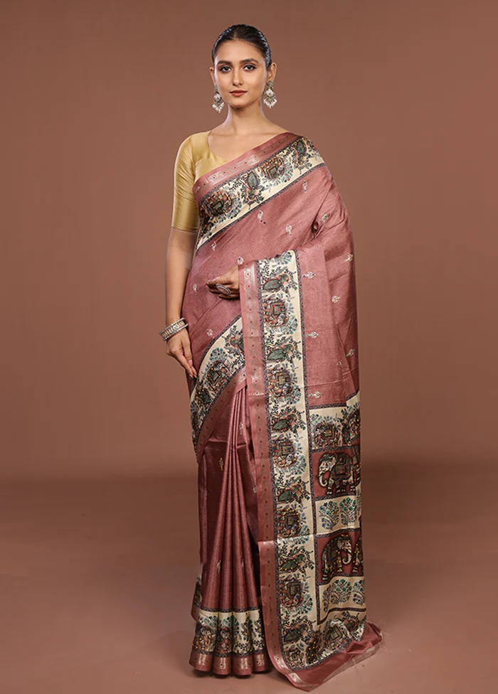 Pink Tussar Silk Saree With Blouse Piece - Image 2