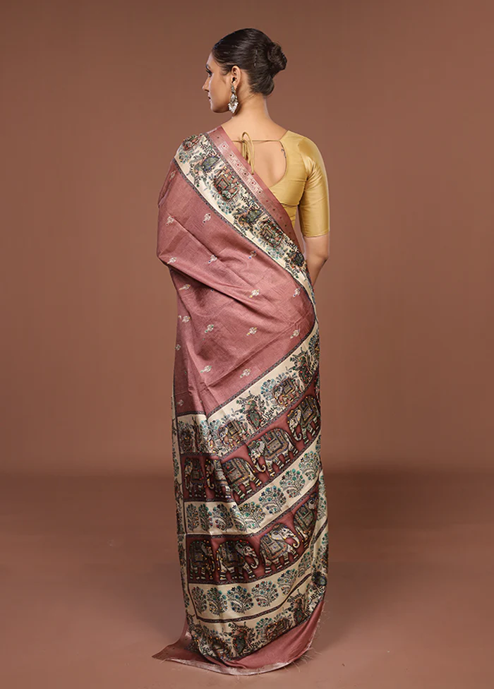 Pink Tussar Silk Saree With Blouse Piece - Image 3
