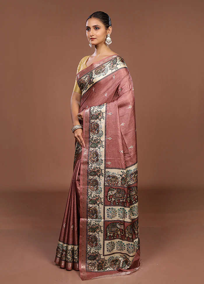 Pink Tussar Silk Saree With Blouse Piece - Image 4