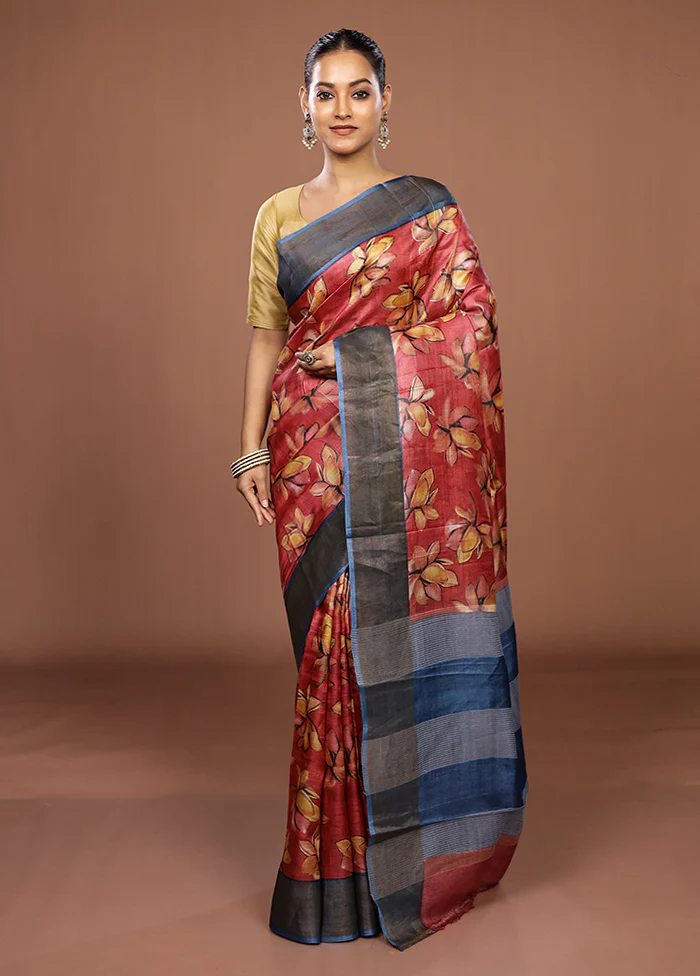 Pink Tussar Silk Saree With Blouse Piece - Image 2