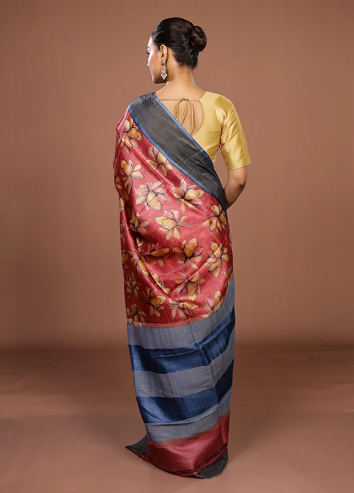 Pink Tussar Silk Saree With Blouse Piece - Image 3