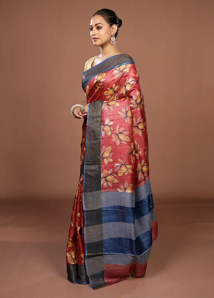 Pink Tussar Silk Saree With Blouse Piece - Image 4