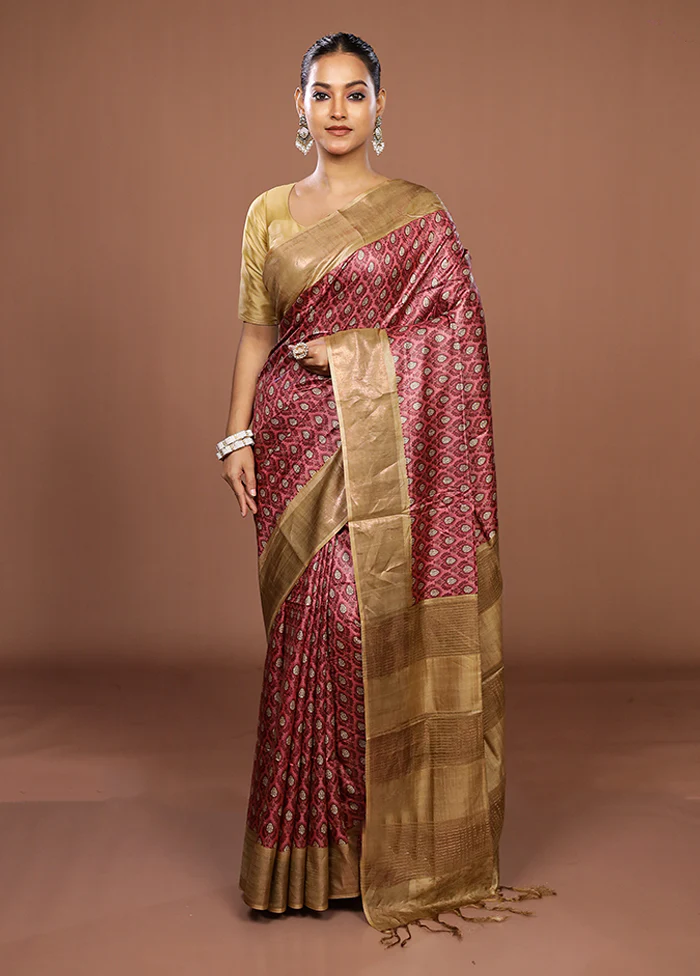 Pink Tussar Silk Saree With Blouse Piece - Image 2