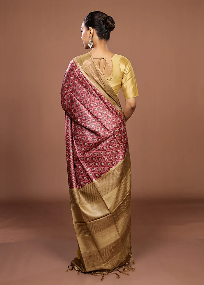 Pink Tussar Silk Saree With Blouse Piece - Image 3