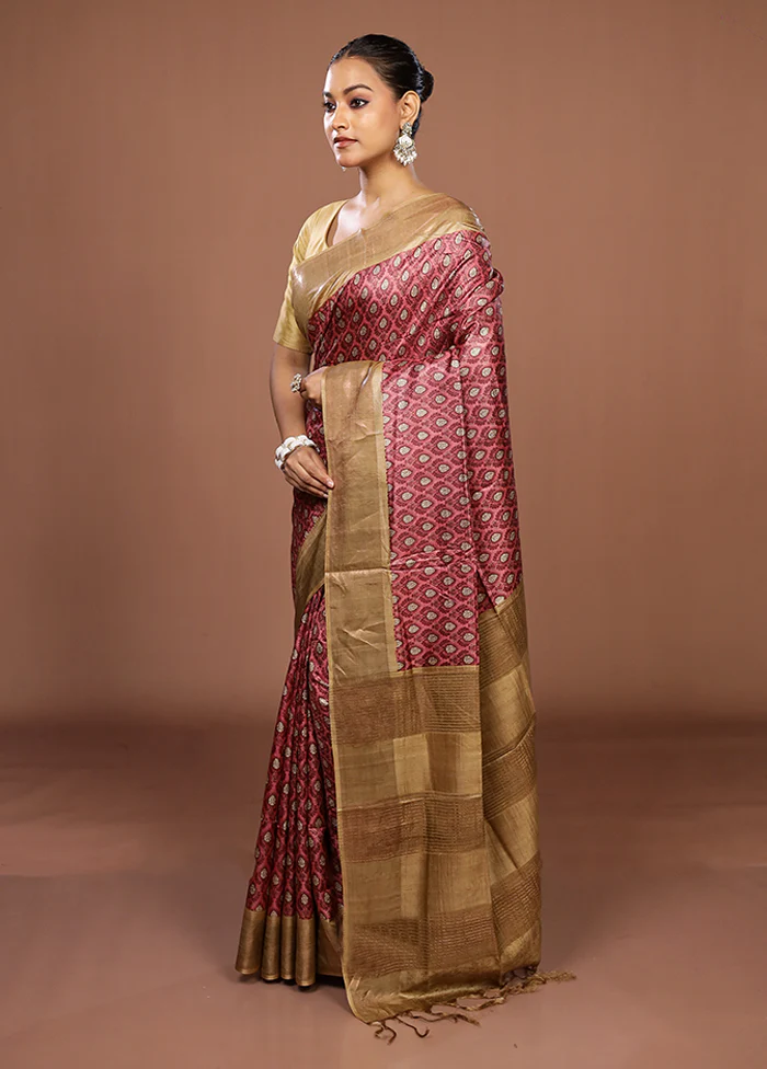 Pink Tussar Silk Saree With Blouse Piece - Image 4