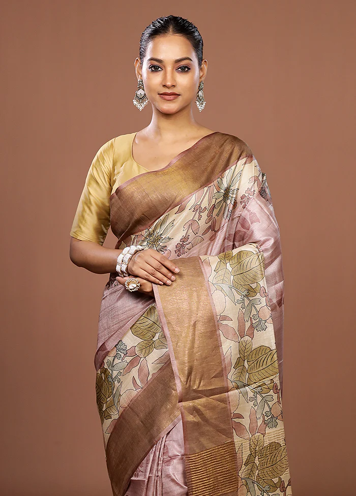 Pink Tussar Silk Saree With Blouse Piece