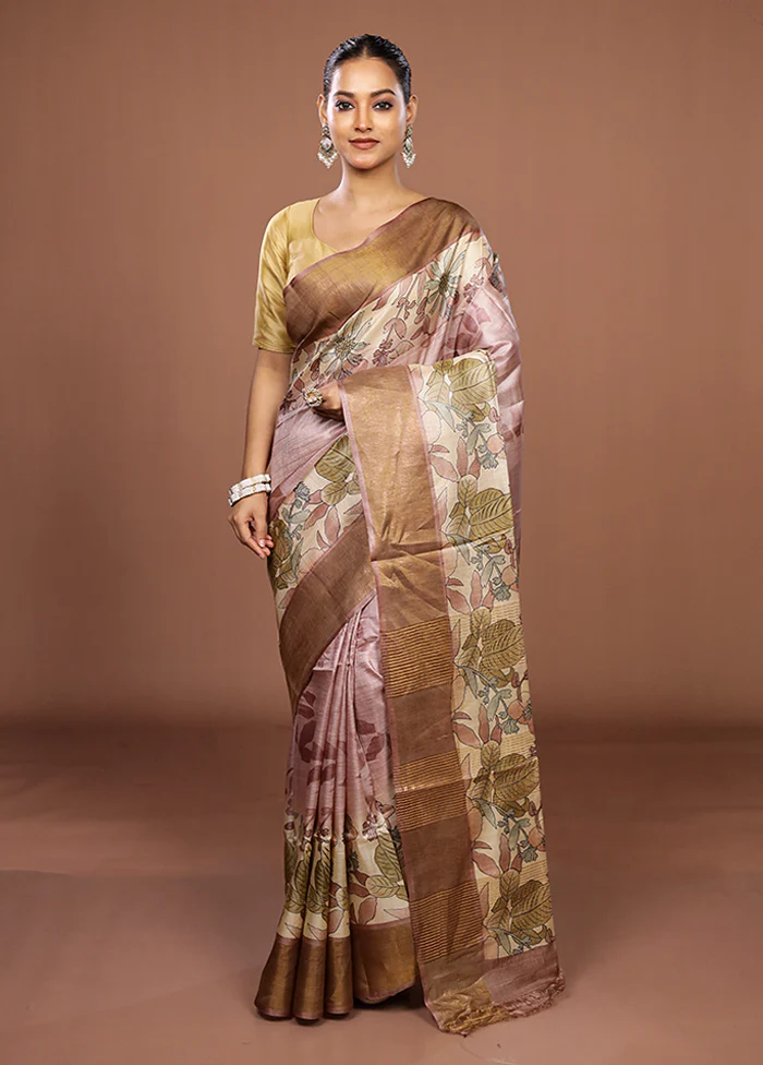 Pink Tussar Silk Saree With Blouse Piece - Image 2