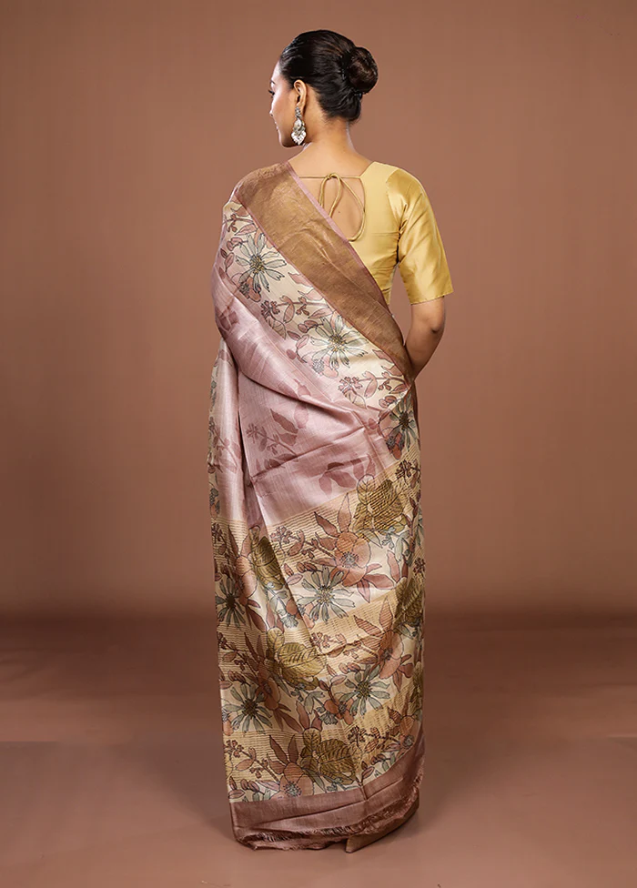 Pink Tussar Silk Saree With Blouse Piece - Image 3