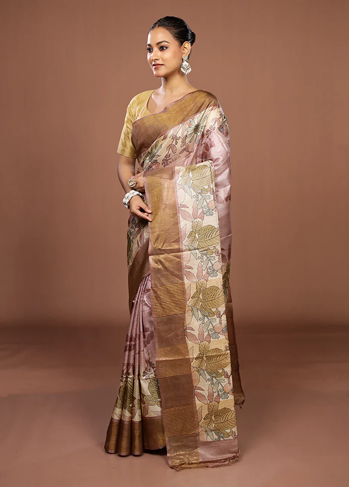Pink Tussar Silk Saree With Blouse Piece - Image 4