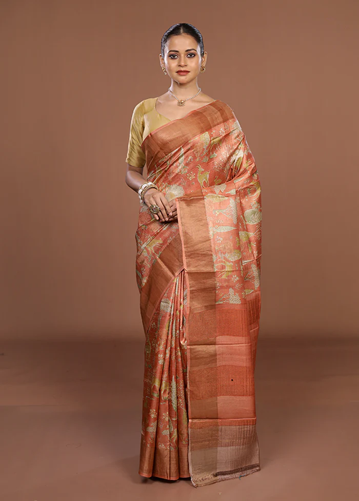 Pink Tussar Silk Saree With Blouse Piece - Image 2