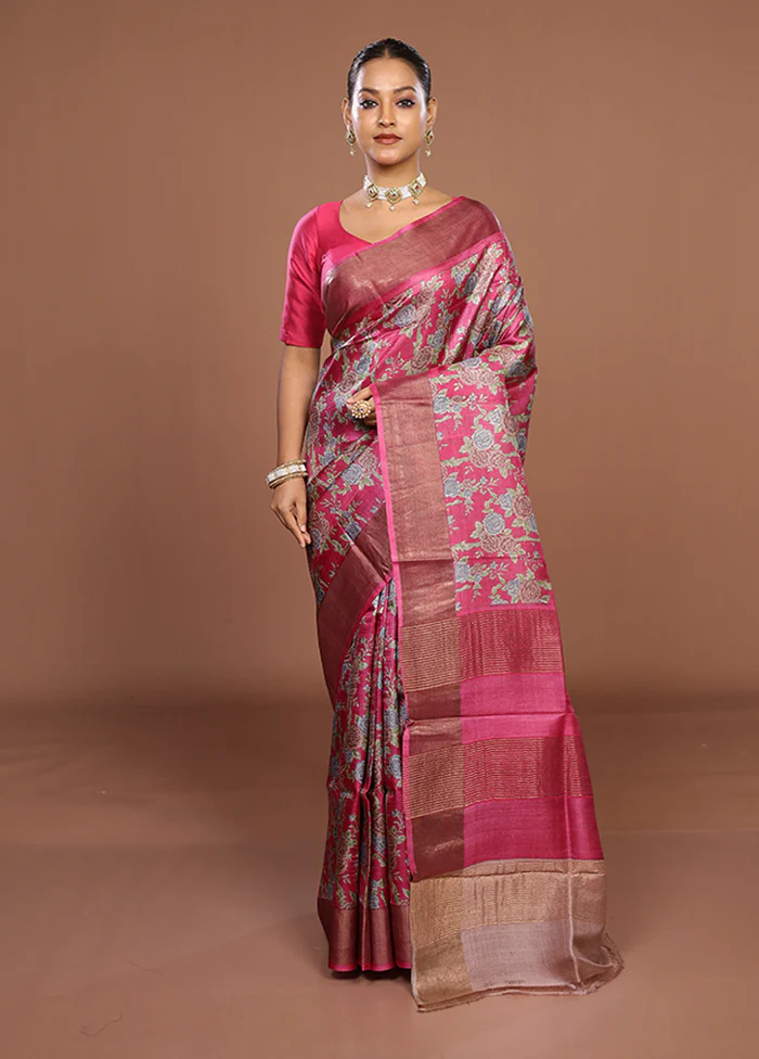 Pink Tussar Silk Saree With Blouse Piece - Image 2
