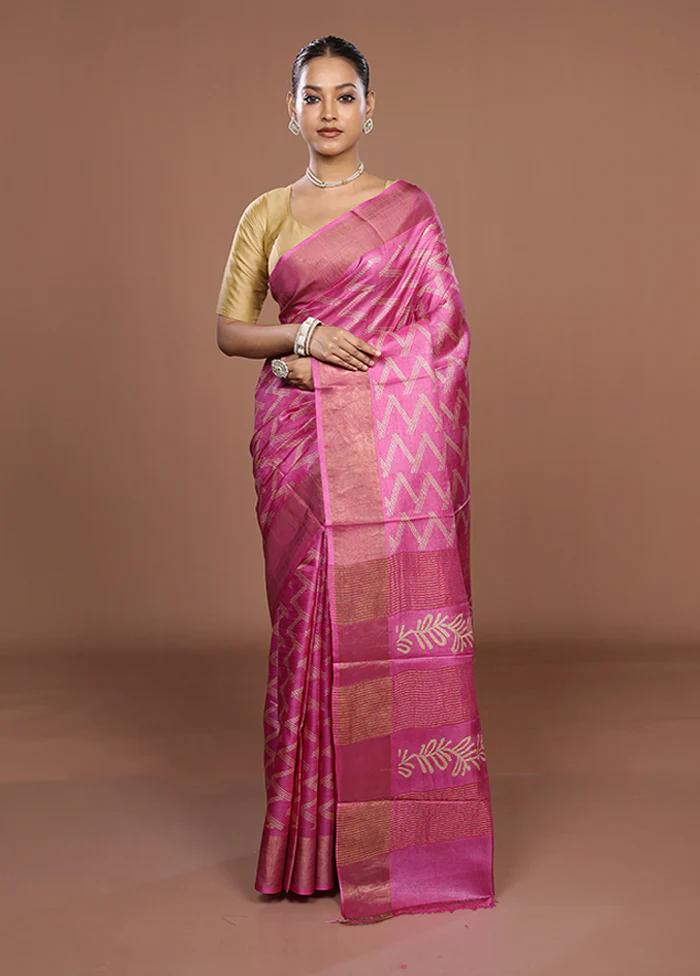 Pink Tussar Silk Saree With Blouse Piece - Image 2