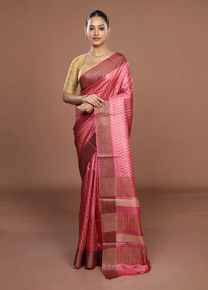Pink Tussar Silk Saree With Blouse Piece - Image 2