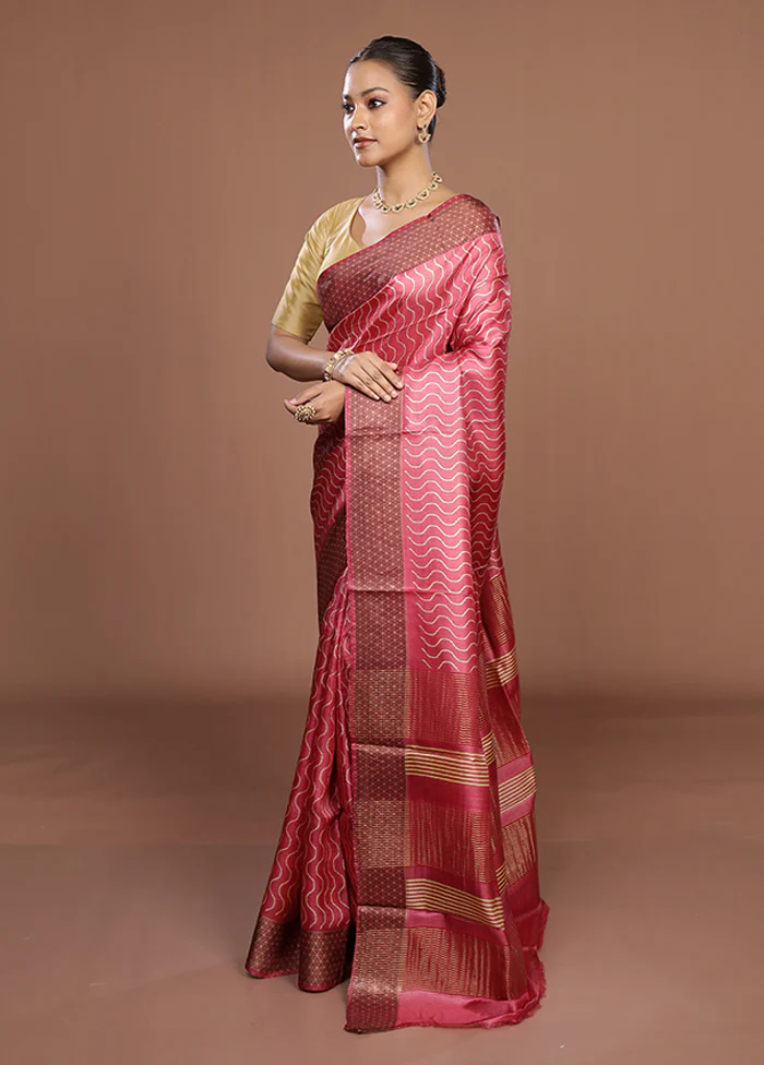Pink Tussar Silk Saree With Blouse Piece - Image 4