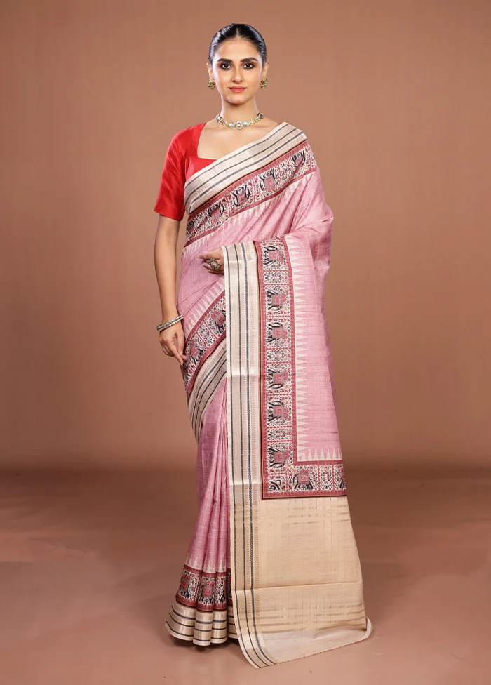 Pink Tussar Silk Saree With Blouse Piece - Image 2