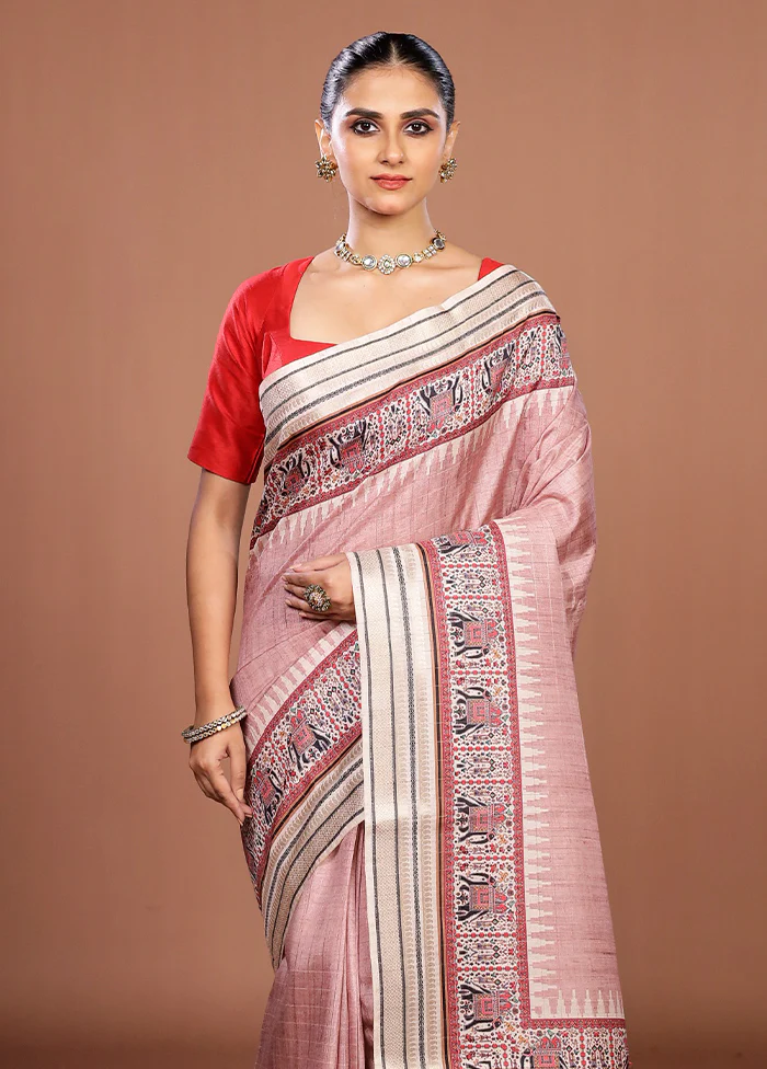 Pink Tussar Silk Saree With Blouse Piece