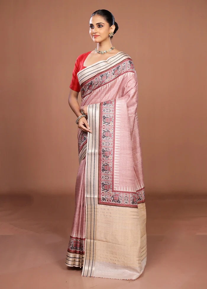 Pink Tussar Silk Saree With Blouse Piece - Image 4