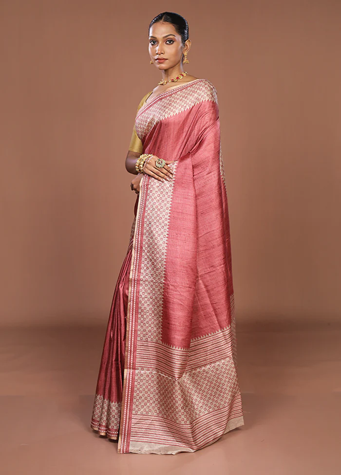 Pink Tussar Silk Saree With Blouse Piece - Image 4