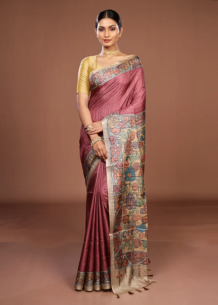 Pink Tussar Silk Saree With Blouse Piece - Image 2