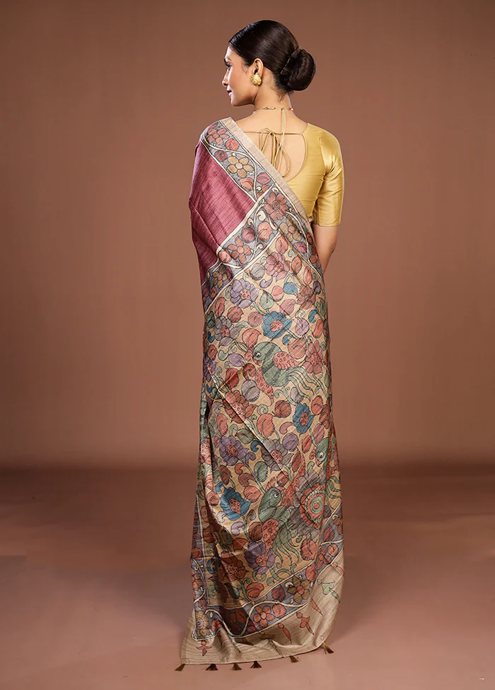 Pink Tussar Silk Saree With Blouse Piece - Image 3