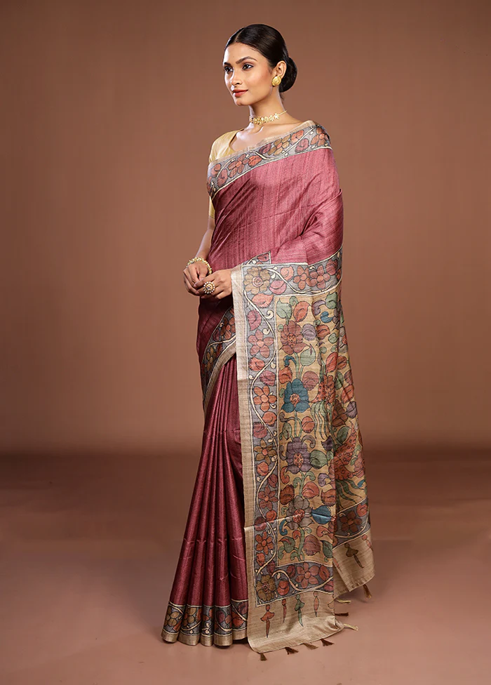 Pink Tussar Silk Saree With Blouse Piece - Image 4