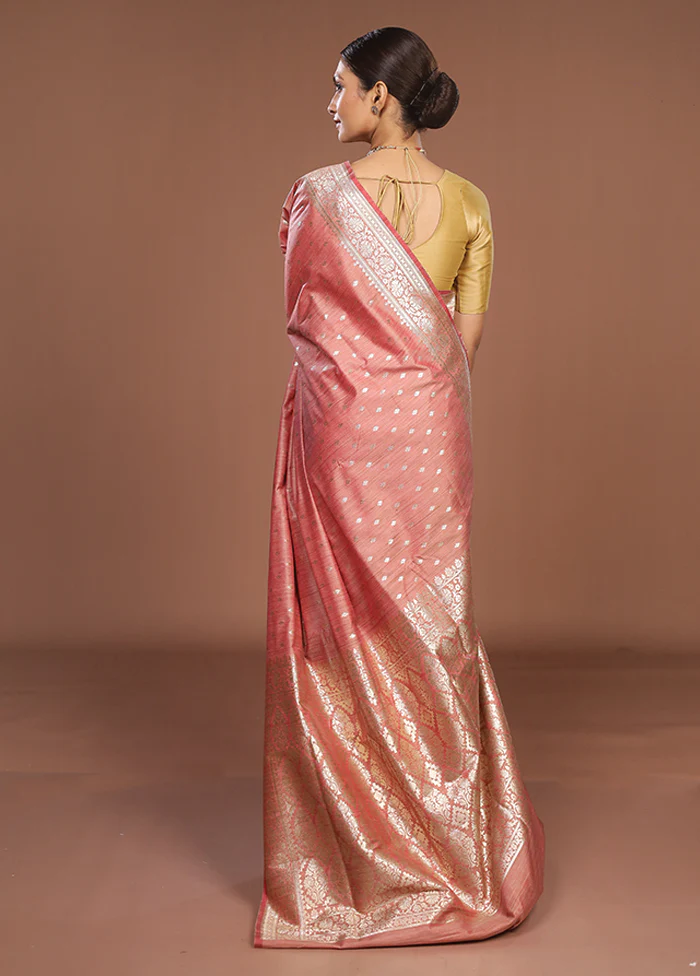 Pink Tussar Silk Saree With Blouse Piece - Image 3