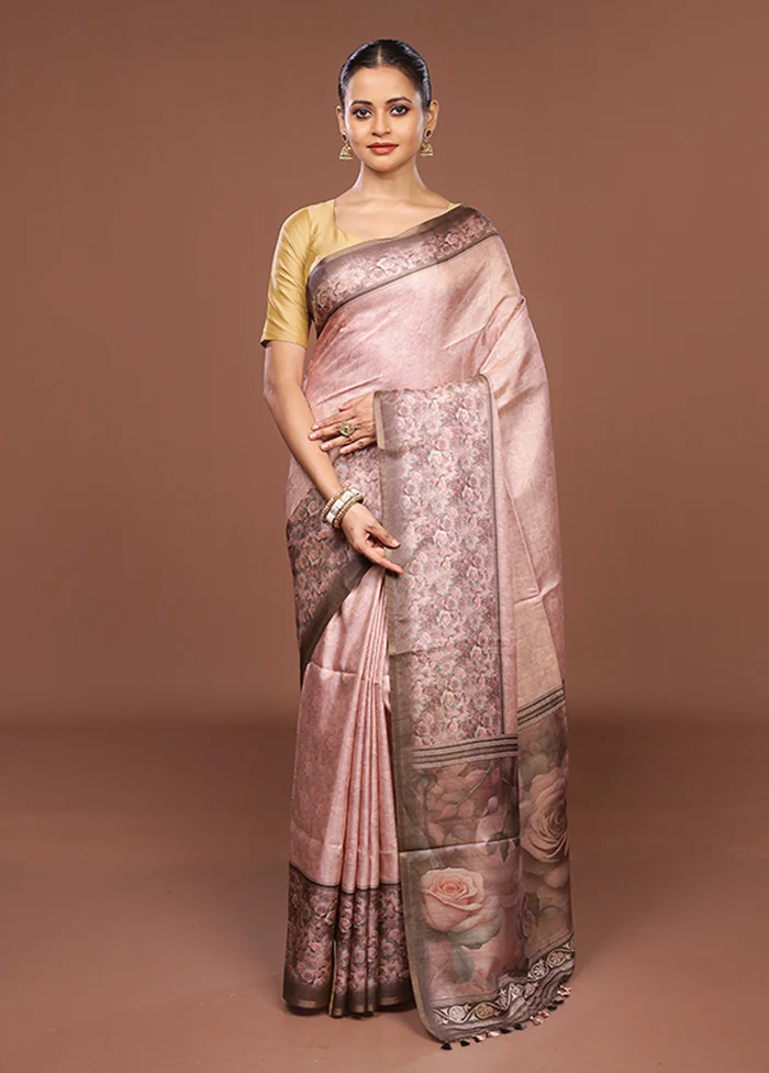 Pink Tussar Silk Saree With Blouse Piece - Image 2