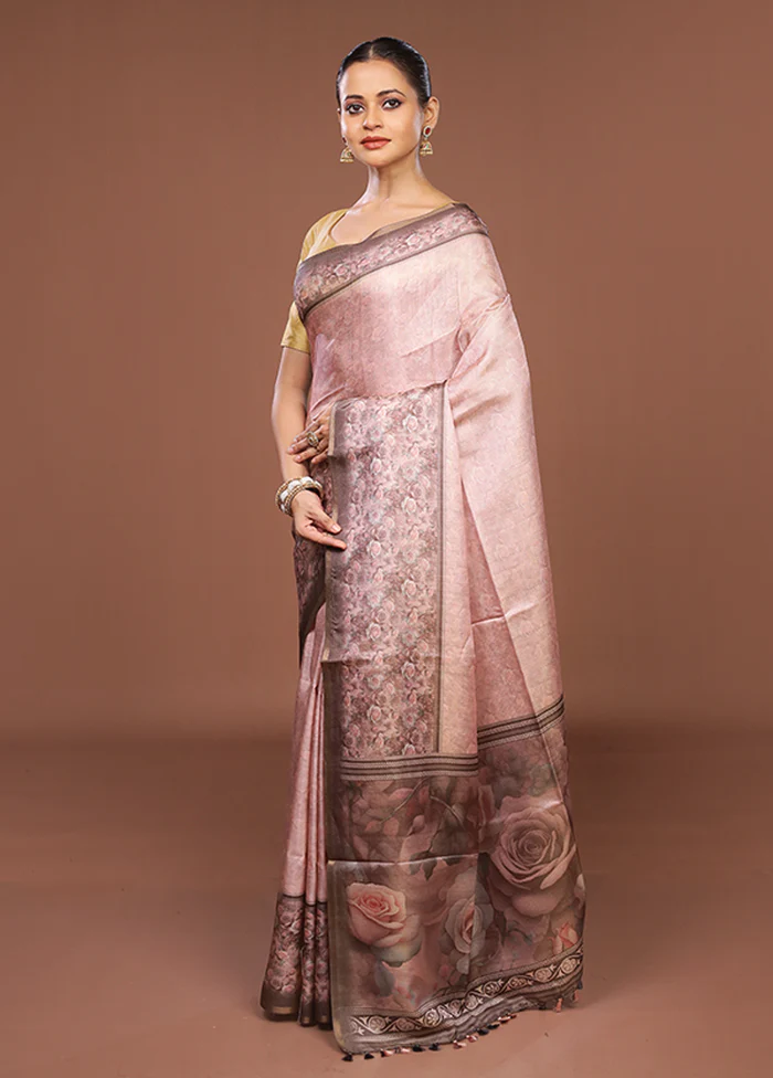 Pink Tussar Silk Saree With Blouse Piece - Image 4
