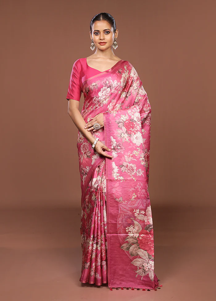 Pink Tussar Silk Saree With Blouse Piece - Image 2