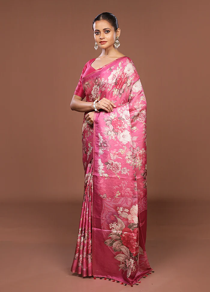 Pink Tussar Silk Saree With Blouse Piece - Image 4