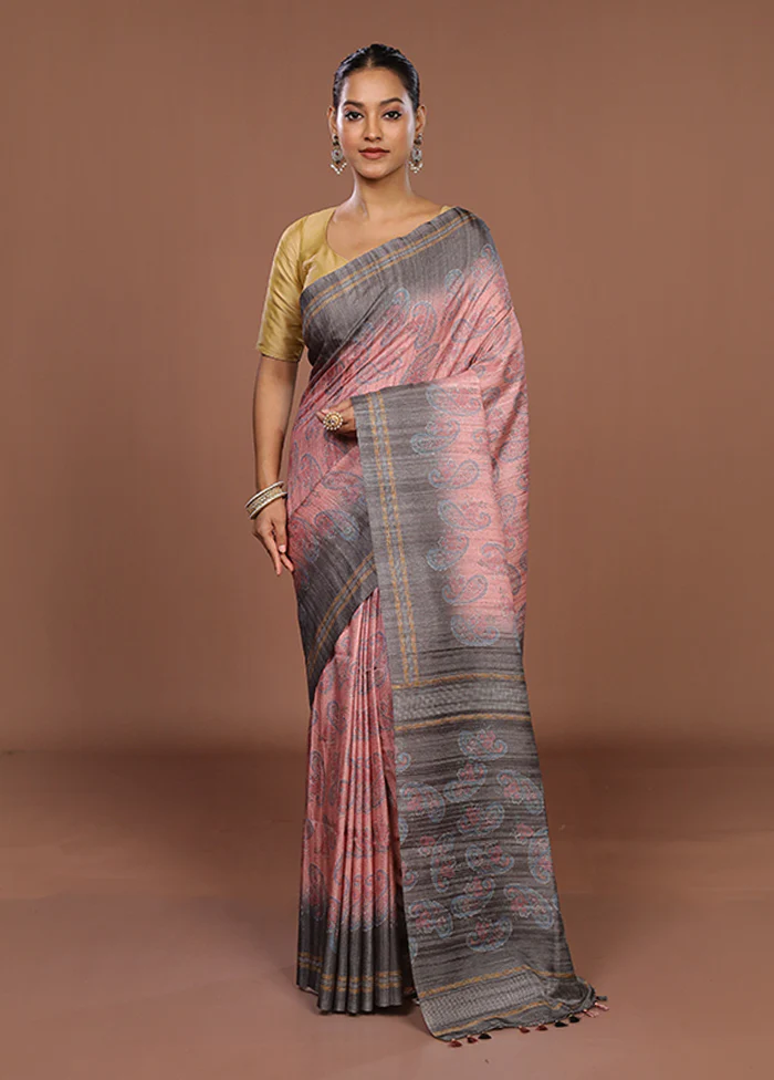Pink Tussar Silk Saree With Blouse Piece - Image 2