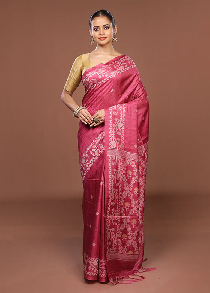 Pink Tussar Silk Saree With Blouse Piece - Image 2