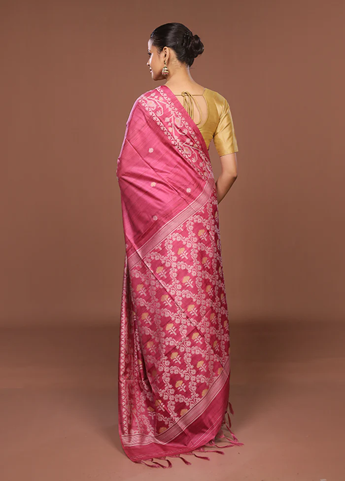 Pink Tussar Silk Saree With Blouse Piece - Image 3