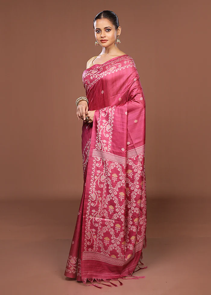 Pink Tussar Silk Saree With Blouse Piece - Image 4