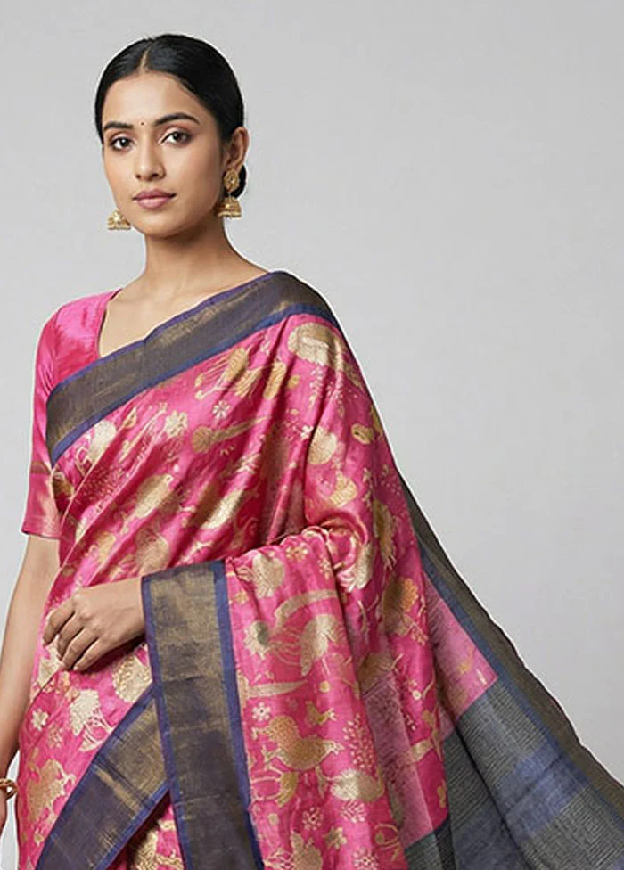 Pink Tussar Silk Saree With Blouse Piece - Image 2