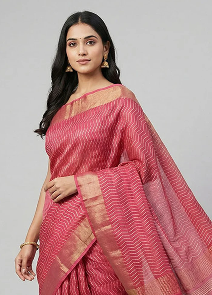 Pink Tussar Silk Saree With Blouse Piece - Image 2