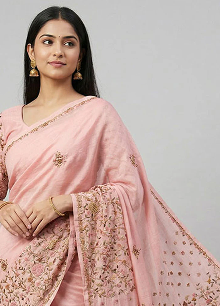 Pink Tussar Silk Saree With Blouse Piece - Image 2