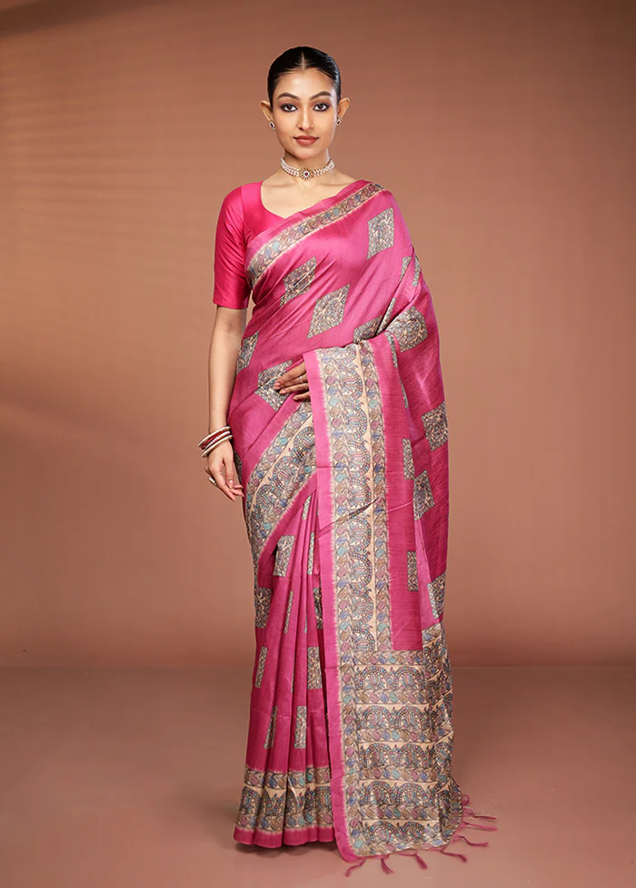 Pink Tussar Silk Saree With Blouse Piece - Image 2
