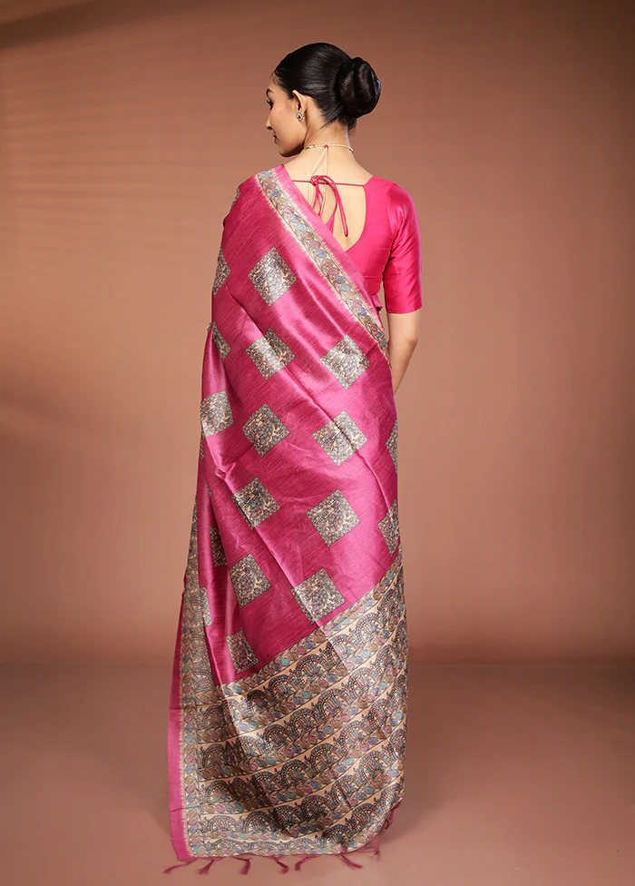 Pink Tussar Silk Saree With Blouse Piece - Image 3