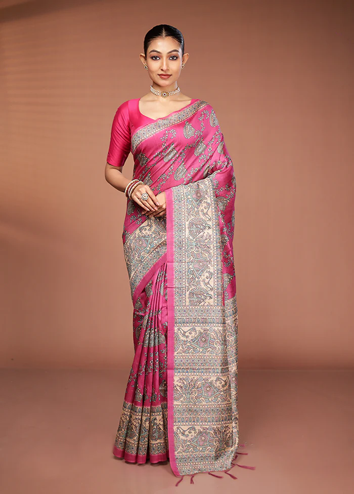 Pink Tussar Silk Saree With Blouse Piece - Image 2