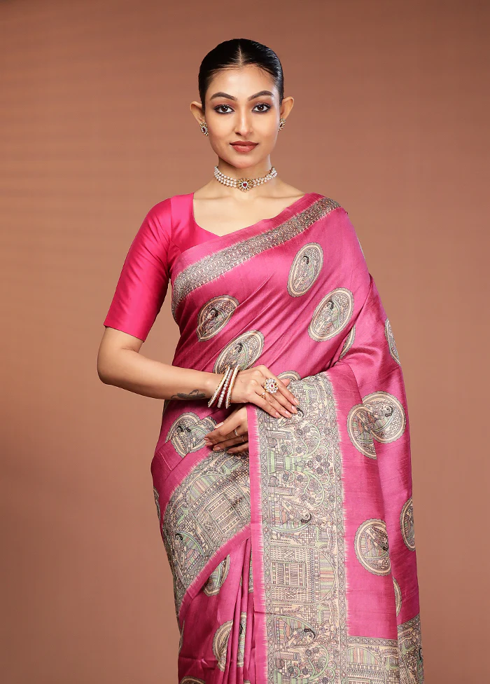 Pink Tussar Silk Saree With Blouse Piece