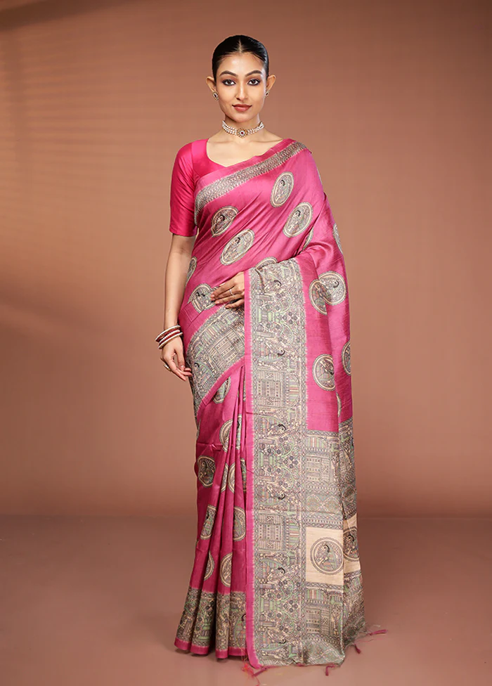 Pink Tussar Silk Saree With Blouse Piece - Image 2